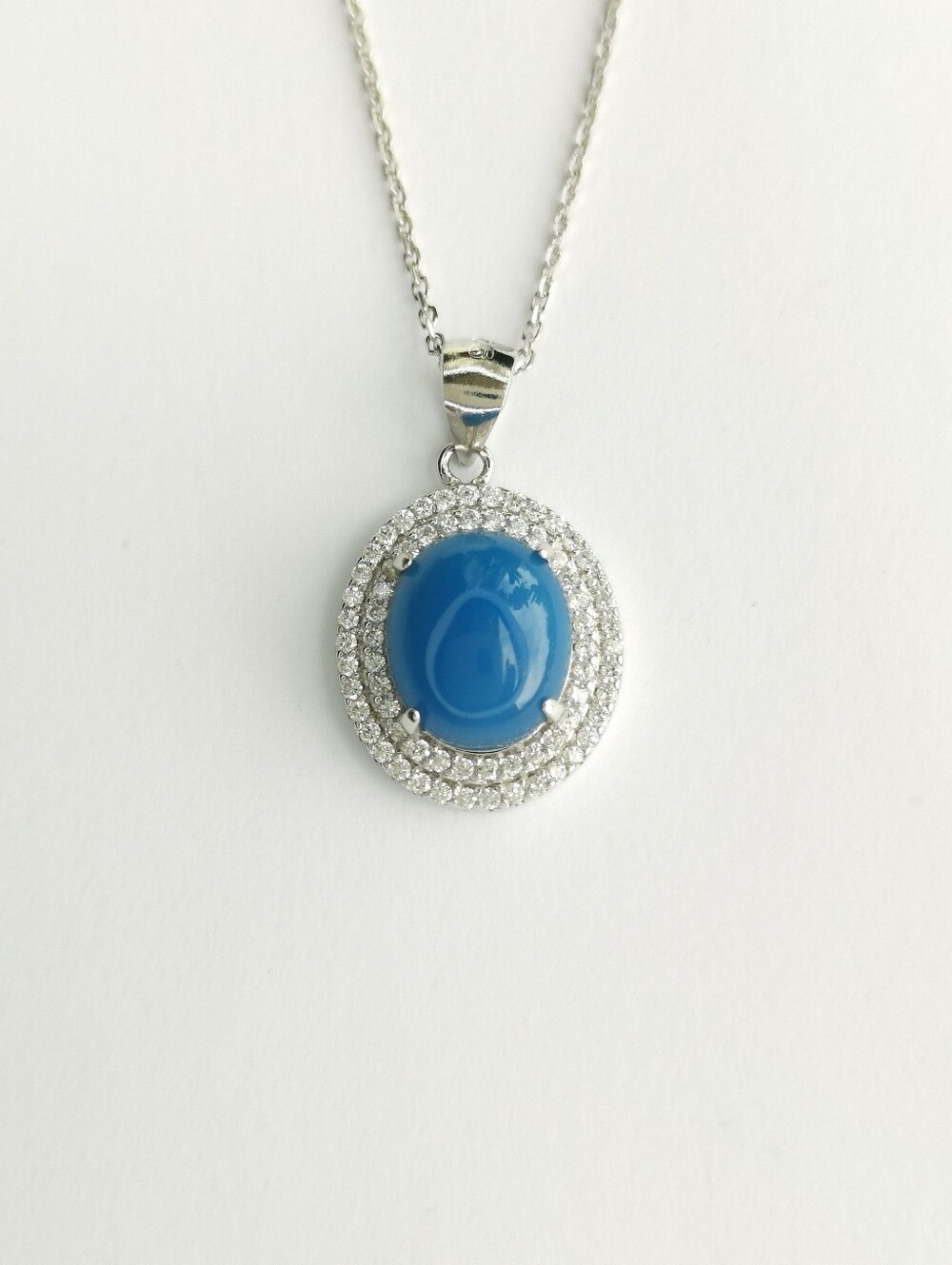 Blue Chalcedony CZ Halo Pendant Necklace sterling silver 🆕